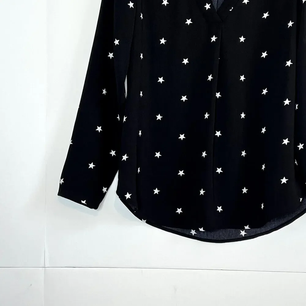 J. Crew Long Sleeve V Neck Star Popover Blouse Black White Womens XS